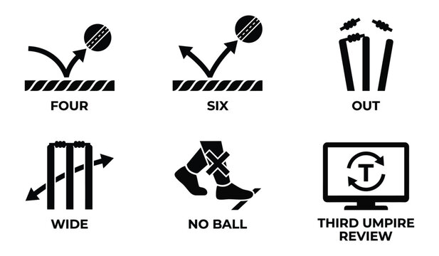 Cricket sport game rules and terminology in black and white icons for visual reference.
