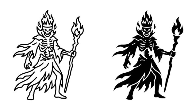 Skeleton King of Flames: A formidable skeletal monarch, crowned with fire and wielding a blazing staff, stands as a symbol of dark power and infernal rule.