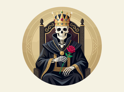 Skeleton King on Throne with Red Rose Flat Vector Illustration