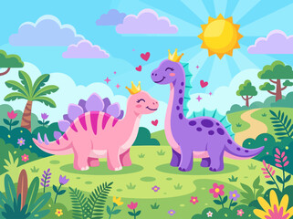 Cute Princess Dinosaurs in Sunny Prehistoric Landscape © Eldi