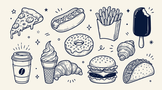 Fast Food Collection Sketch style Illustration With Decorative Elements