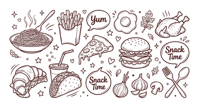Food assortment sketch illustration featuring pasta burger and fried chicken