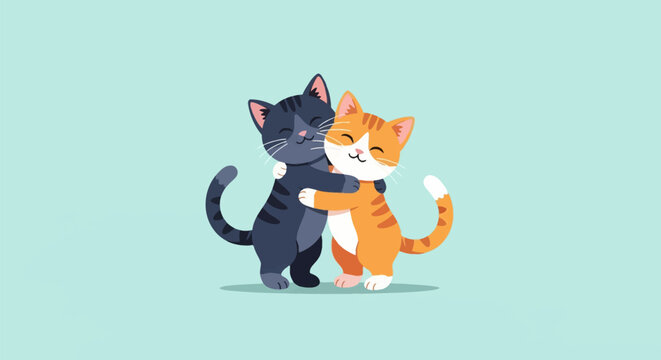 Vector illustration of two cartoon cats hugging, one grey striped tabby and one orange ginger tabby cat, smiling with eyes closed, isolated on light blue background.