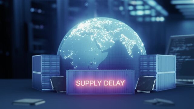 Digital globe, shipping containers, and microchips highlight a critical global supply chain delay. "SUPPLY DELAY" emphasizes the severe shortage of memory and semiconductor components, impacting