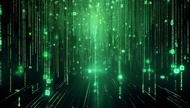 abstract digital rain of green glowing characters and symbols cascading down a dark background representing a futuristic cyberspace and advanced computer code