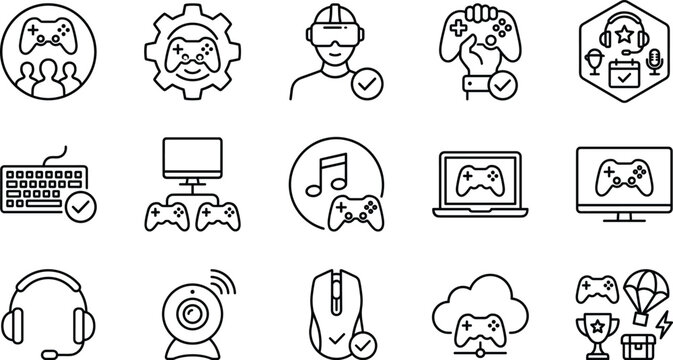 Video gaming and esports line icon set featuring gamepad controller headset virtual reality vr headset keyboard mouse computer screen webcam and cloud gaming vectors