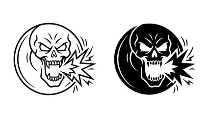 Skull Icon with Burst Effect: A striking graphic featuring a fierce skull with sharp teeth and glowing eyes, emitting a powerful burst from its mouth. © Nadim
