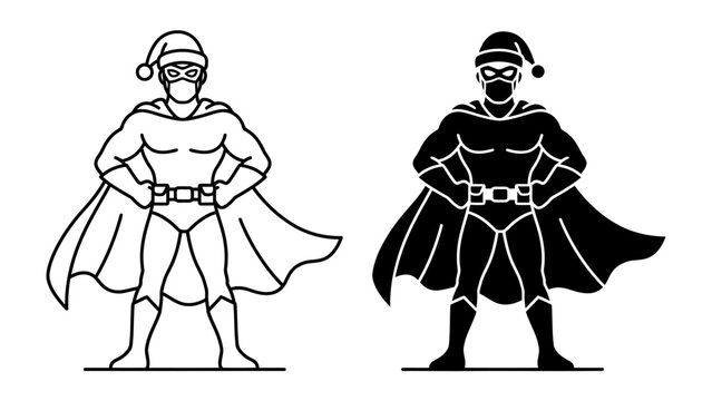 Superhero Spirit: Two stylized figures of a superhero, one in outline and one in silhouette, wear a cape, mask, and Santa hat, embodying festive heroism.