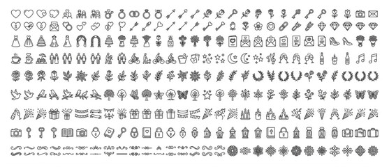 Elegant wedding and decorative floral line art icon set with ornaments decoration illustration marriage celebration elements invitation stationery botanical anniversary ceremony © Designer Pac 2