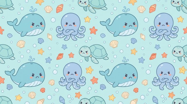 Cute cartoon sea creatures with angry faces make a repeating pattern in a bubbly blue ocean
