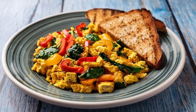 a colorful tofu scramble with bell peppers spinach onions and turmeric served with whole grain toast