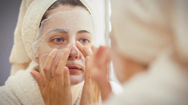 Sheet aloe vera mask glides over young woman's face as she, wrapped in white robe with a towel on her head, smooths it in front of a bathroom mirror, delivering intensive moisturizing and nourishment