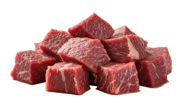 Raw beef cubes marbled with fat, stacked pile