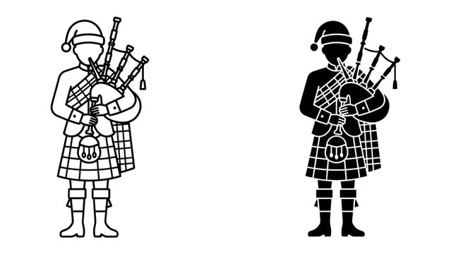 Bagpiper in Santa Hat: A musician plays the bagpipes dressed in a traditional Scottish kilt and a festive Santa hat, presented in both outline and silhouette style for versatility.