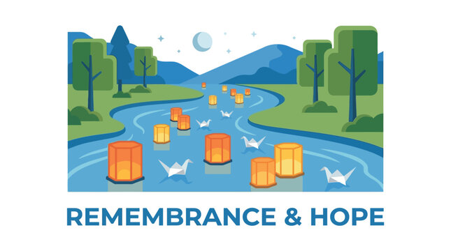 Vector illustration of floating lanterns and origami cranes on a river under the night sky with text Remembrance and Hope
