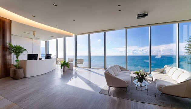 modern hotel lobby with ocean view and contemporary white furniture elegant reception area with large windows and sea landscape