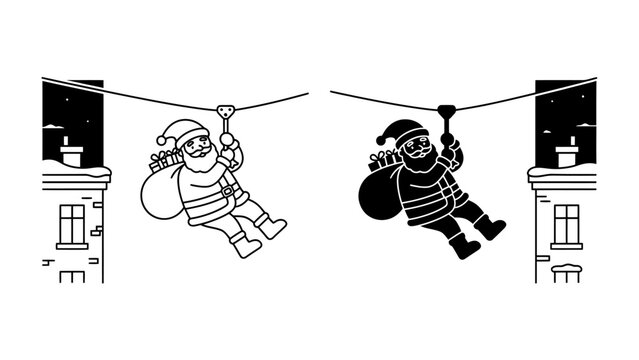 Santa Claus zip-lining between buildings: Two stylized depictions of Santa Claus, one outlined and one silhouetted, descend a zip line between two snow-capped buildings under a starry night sky.