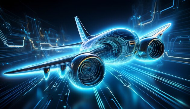 futuristic electric airplane engine concept with glowing blue energy circuits and advanced technology in flight