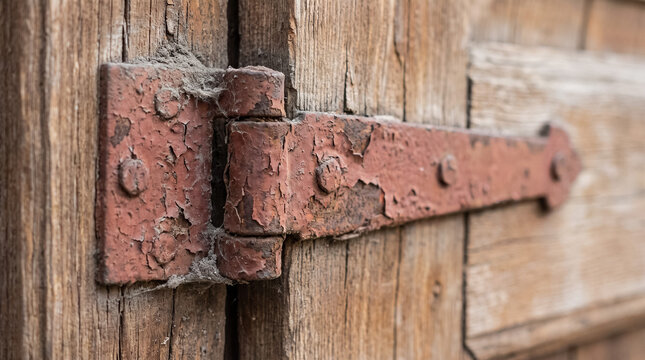 Rusty metal hinge with peeling red paint on old weathered wooden door showing decay and vintage texture