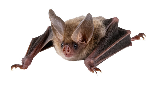 Brown bat with large ears and dark wings spread