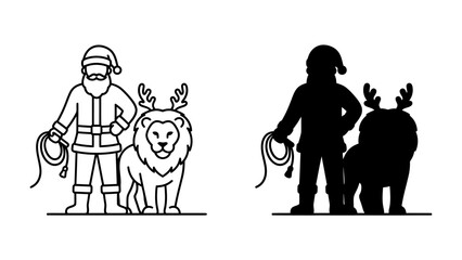 Santa Claus with Lion Wearing Reindeer Antlers: A whimsical illustration depicts Santa Claus standing beside a majestic lion adorned with reindeer antlers, ready for a unique holiday performance. © Murshida