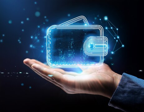a hand holding a glowing digital wallet representing online financial security and crypto currency