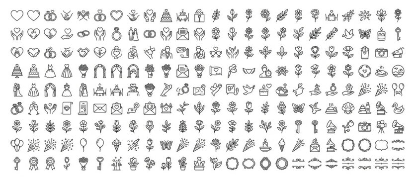 Comprehensive vector icon library of wedding and romantic love elements with marriage anniversary ceremony graphics invitation decoration celebration collection illustration valentines