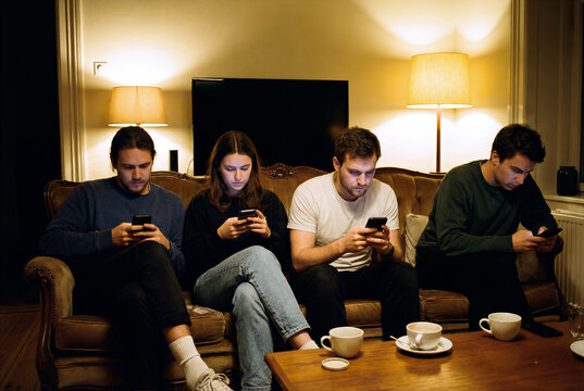 Group of four young adults sitting on a vintage sofa in a living room, ignoring each other while staring at their smartphones, illustrating digital addiction and antisocial behavior.
