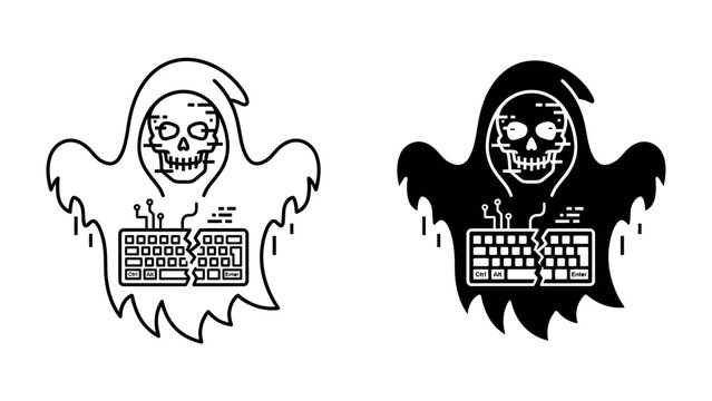 Ghostly Hacker: A skeletal figure cloaked as a ghost, holding a computer keyboard, symbolizing cyber threats and digital haunting in a dark and mysterious theme.