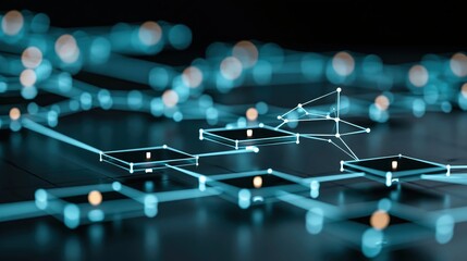 Obraz premium Abstract glowing agentic AI workflow of connected nodes processing tasks autonomously