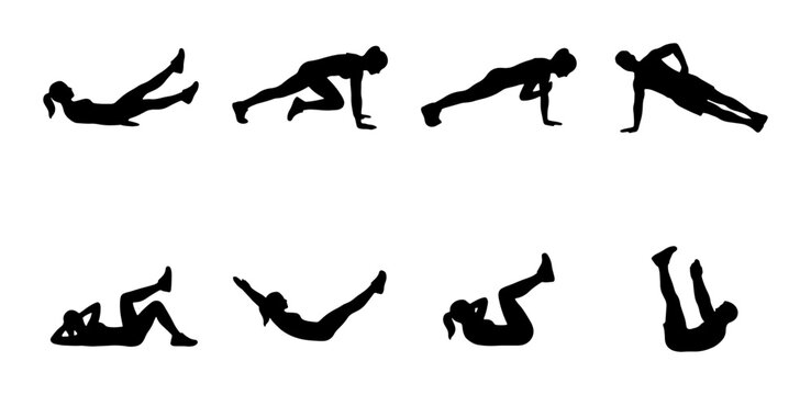 Fitness Silhouette Set: Core Workout Exercises, Dynamic Poses, Active Lifestyle Vector Graphics for Health and Wellness Content
