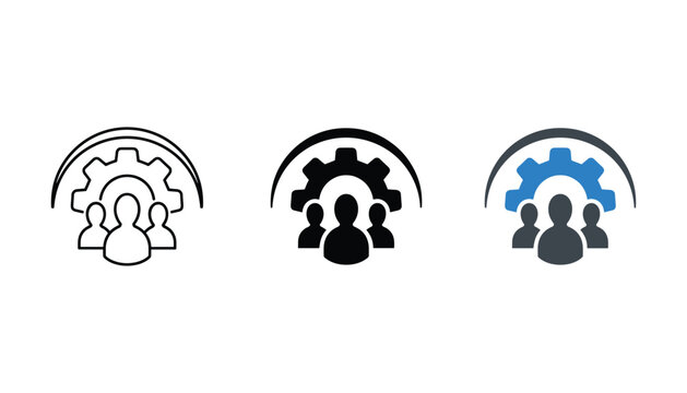 Team optimization icon set featuring gear and group of people in outline solid and blue teal color styles for business project management and workflow development digital designs