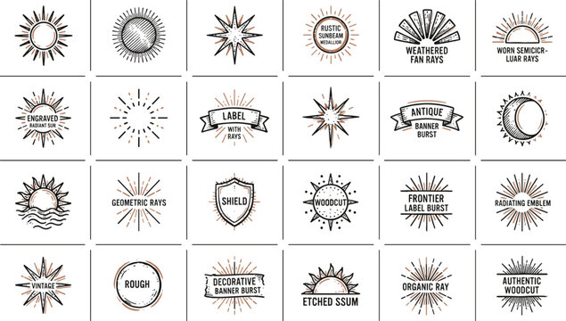 Vintage Sunburst and Retro Radiant Beam Label Icon Set Featuring Engraved Sunrays Hand Drawn Woodcut Badges Geometric Starbursts and Decorative Antique Emblem Design Elements