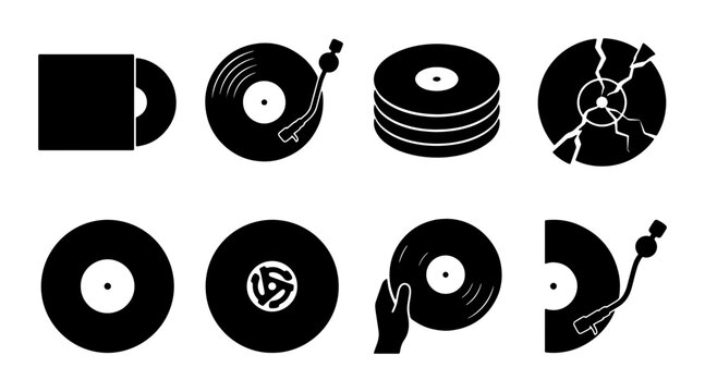 Retro Vinyl Record Icons, Vintage Music Disc Graphics, Old School Audio Playback Symbols, Set of 8 Black Vector Elements