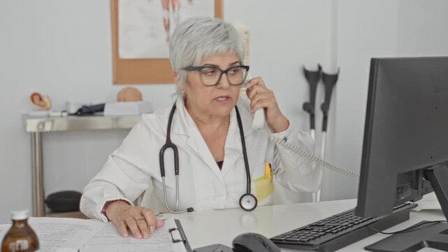 Woman doctor in building holds telephone to ear and writes on chart with pen, stethoscope draped on neck; calm efficiency.