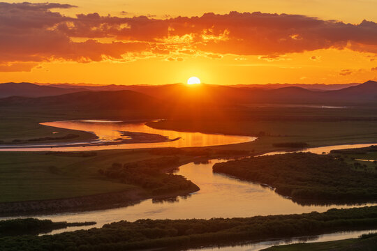 Aerial View of Sunset over the First Bend of Yellow River in Tangke, Zoige
