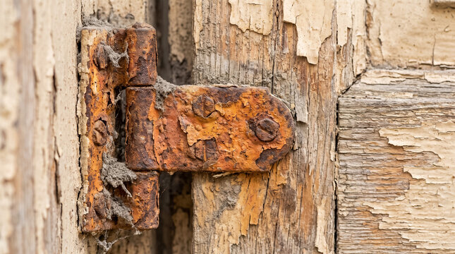 Rusty metal hinge corroding on old weathered wooden door with peeling paint showcasing decay and neglect