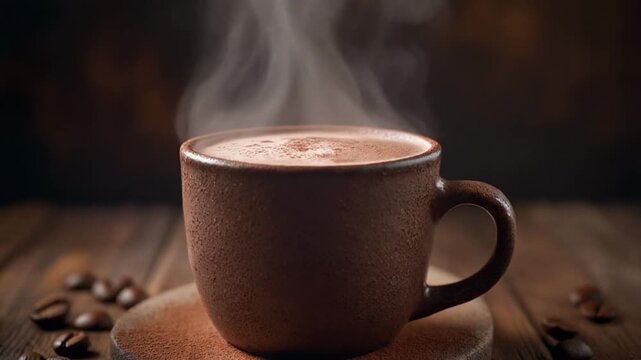 Ultra realistic cinematic footage of hot cocoa in rustic mug, steam rising, no people, 4K UHD