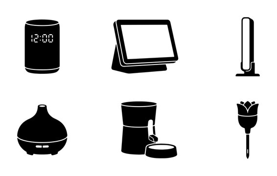 Modern Home Gadgets and Appliances Vector Icons Set, Smart Speaker, POS System, Air Purifier, Coffee Maker, Lamp, Duster