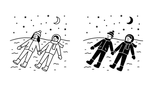 Winter Wonderland Duo: Two figures in winter attire lie on their backs, holding hands, creating snow angels under a crescent moon and falling stars. Two stylistic options in black and white.