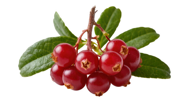 Red lingonberries with green leaves on branch