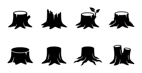 Set of 8 Diverse Tree Stump Icons, Vector Silhouettes for Nature and Forestry Graphics, Forest Elements Collection © sagor