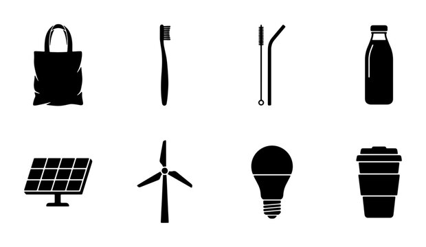 Eco-friendly icons set, sustainable living symbols, reusable items, renewable energy, zero waste, green lifestyle vector graphics