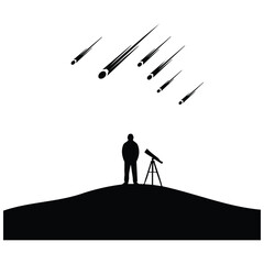 Person with telescope looking at shooting stars at night in flat vector line art design. © MDRAYHAN