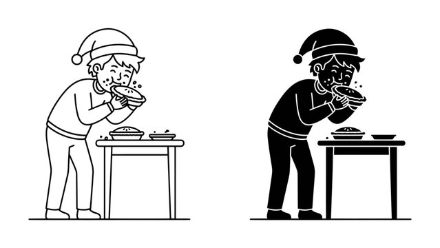 Christmas Pie Delight: A person wearing a Santa hat enthusiastically eats a slice of pie, leaving crumbs around their mouth. Two illustrations show the festive scene in line art and silhouette.