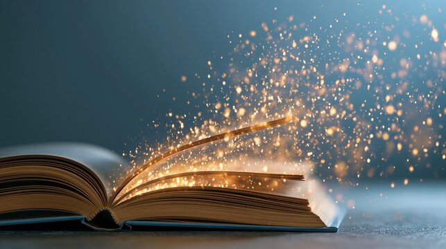 Open book with glowing digital pages transforming into floating light for digital learning
