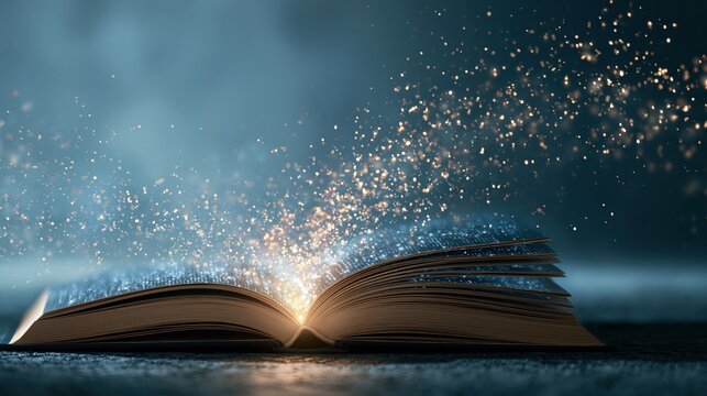 Open book with glowing digital pages transforming into floating light for digital learning