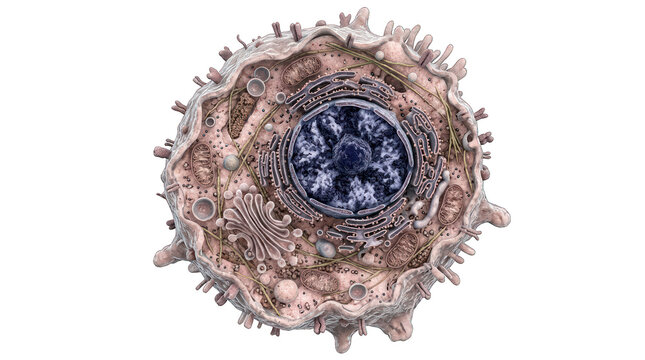 Microscopic cross section of human cell on black background.