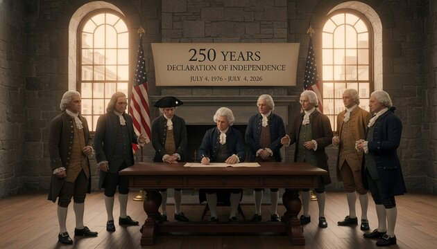 Historical illustration depicting Founding Fathers signing the Declaration of Independence in a stone room with American flags and a commemorative banner above the table