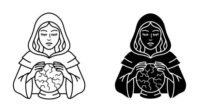 Mystic Fortune Teller with Crystal Ball: A mysterious fortune teller, depicted in both outline and silhouette, gazes intently at a crackling crystal ball.